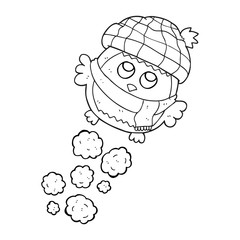 black and white cartoon cute little owl flying