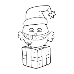 black and white cartoon cute christmas owl on gift