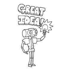 black and white cartoon robot with great idea