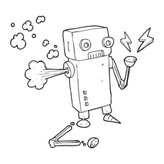 black and white cartoon broken robot