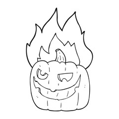 black and white cartoon flaming halloween pumpkin