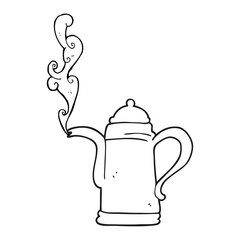 black and white cartoon steaming coffee kettle