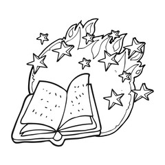 black and white cartoon magic spell book