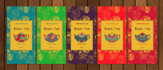 Set of cards or tea package with ethnic ornaments. Oriental indian style. Hand-drawn patterns with round elements.