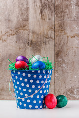 Easter Eggs In blue Tin Bucket