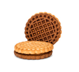 Sandwich biscuits with chocolate filling on a white background