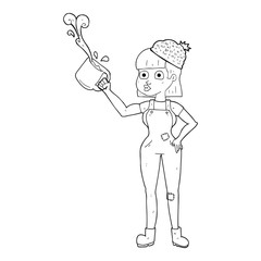 black and white cartoon female worker with coffee mug