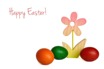  Easter card with wooden flower and colorful Easter eggs isolated on white background