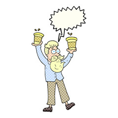 comic book speech bubble cartoon man with coffee cups