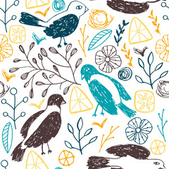 Seamless floral pattern with birds