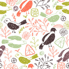 Seamless floral pattern with birds
