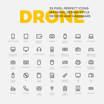 DROID ICONS. Set of 35 flat line art vector icons.