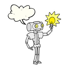 comic book speech bubble cartoon robot with light bulb