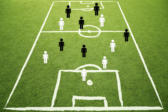Soccer game play strategy plan concept on sketch football field. Soccer strategy plan team on sunny green grass background.