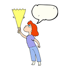 comic book speech bubble cartoon woman searching with torch