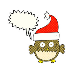 comic book speech bubble cartoon owl wearing christmas hat
