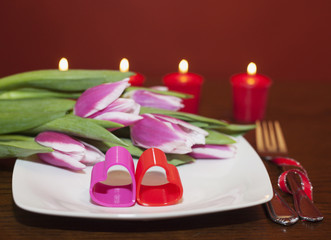Happy Valentine’s day. Table setting for love romantic dinner