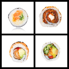 Collage of four Japanese sushi maki on white background