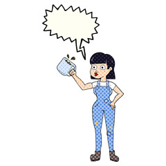 comic book speech bubble cartoon female worker with coffee mug