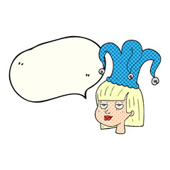 comic book speech bubble cartoon woman wearing jester hat