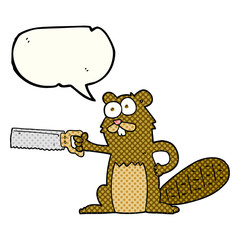 comic book speech bubble cartoon beaver with saw