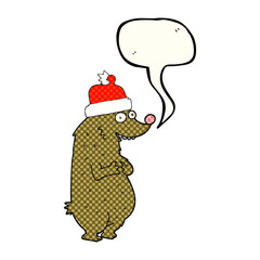 comic book speech bubble cartoon bear wearing christmas hat