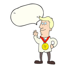comic book speech bubble cartoon waving man with award