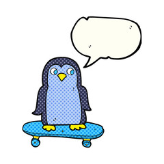 comic book speech bubble cartoon penguin riding skateboard