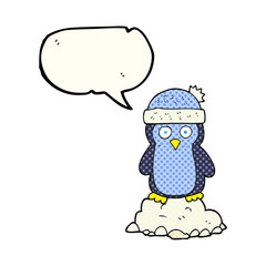 comic book speech bubble cartoon penguin wearing hat