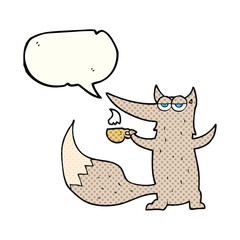 comic book speech bubble cartoon wolf with coffee cup