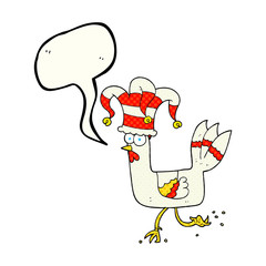 comic book speech bubble cartoon chicken running in funny hat
