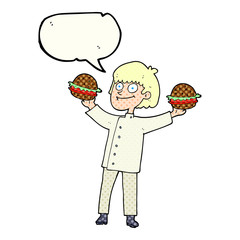 comic book speech bubble cartoon chef with burgers