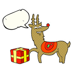 Obraz premium comic book speech bubble cartoon christmas reindeer with present