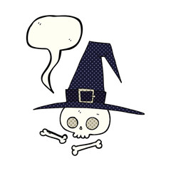 comic book speech bubble cartoon witch hat with skull