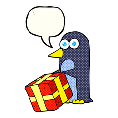 comic book speech bubble cartoon penguin with christmas present