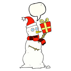 comic book speech bubble cartoon snowman holding present