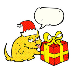 comic book speech bubble cartoon cat with present