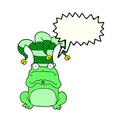 comic book speech bubble cartoon nervous frog wearing jester hat