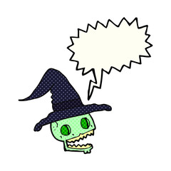 comic book speech bubble cartoon skull wearing witch hat