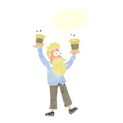 retro speech bubble cartoon man with coffee cups