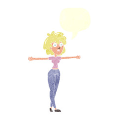 retro speech bubble cartoon woman spreading arms