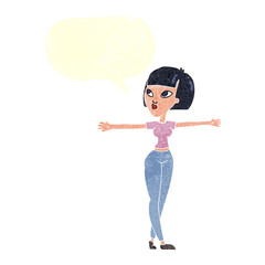 retro speech bubble cartoon woman spreading arms