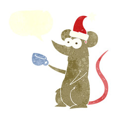 retro speech bubble cartoon mouse wearing christmas hat