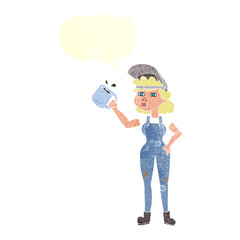 retro speech bubble cartoon woman in dungarees