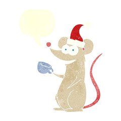 retro speech bubble cartoon mouse wearing christmas hat