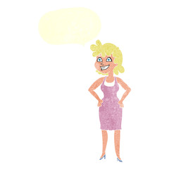 retro speech bubble cartoon happy woman wearing dress