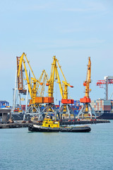 Tugboat in harbor quayside on Odessa, Ukraine