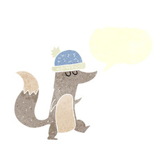 retro speech bubble cartoon little wolf wearing hat