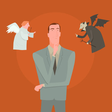 Devil and white angel pointing to different direction leaving cartoon man confused. Creative vector illustration for difficult decision concept isolated on orange background.