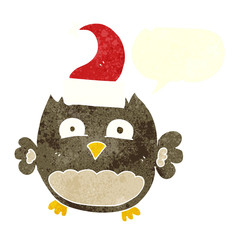 retro speech bubble cartoon owl wearing christmas hat